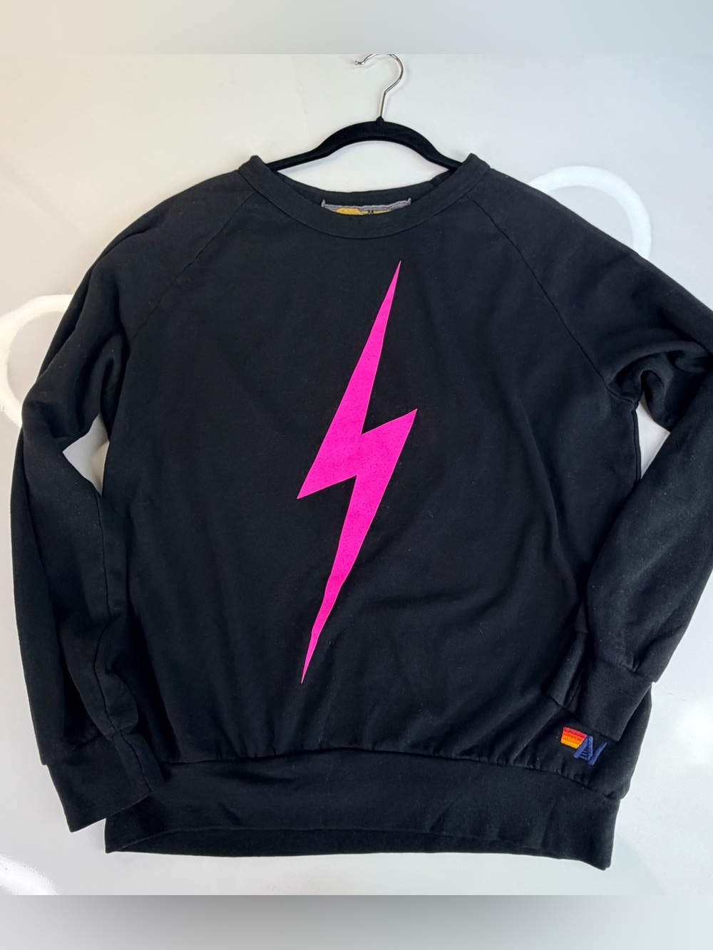 Aviator Nation - Black Sweatshirt with Pink Lightning Bolt Medium